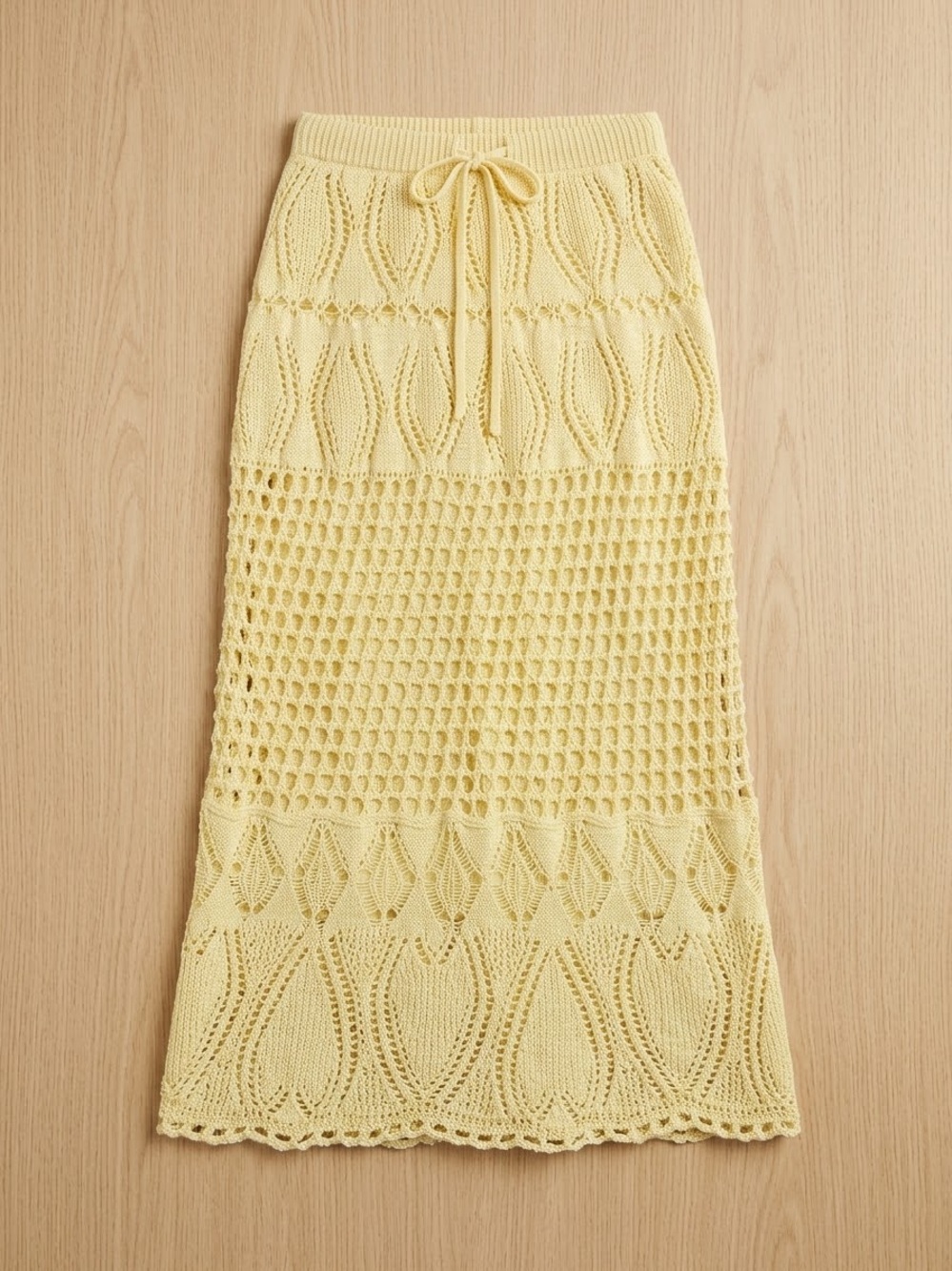 Zara Butter Yellow Open Knit Crochet Maxi Skirt Drawstring Waist Size M